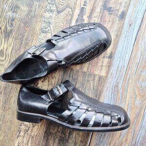 Tommy Bahama Made In Italy Black Woven Leather Fisherman Sandals Buckle